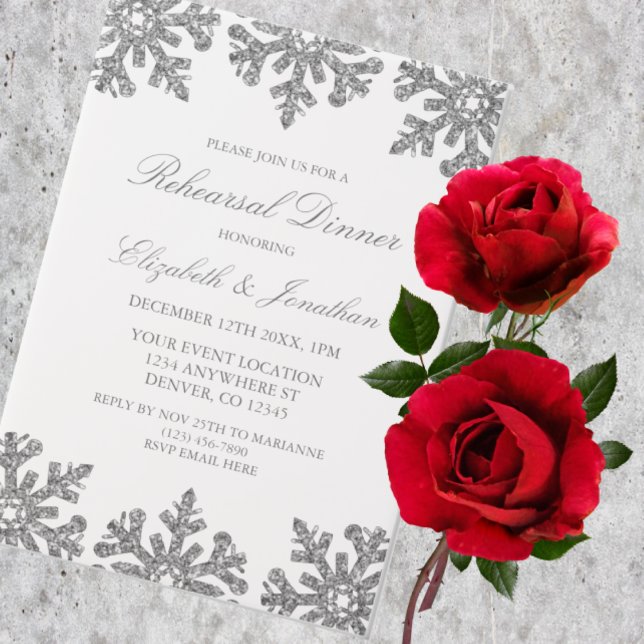 Silver Snowflake Winter Rehearsal Dinner Vellum Invitations (Creator Uploaded)