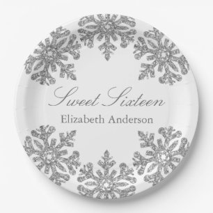 Silver Snowflake Winter Sweet 16 Paper Plate