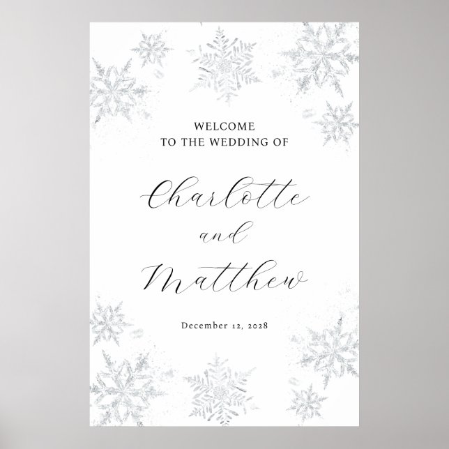 Silver Snowflake Winter Wedding Welcome Sign (Front)