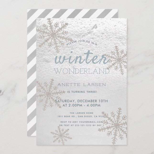 Silver Snowflake Winter Wonderland Birthday Invitation (Front/Back)