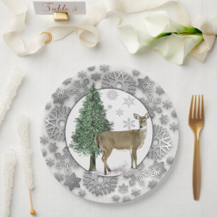Silver Snowflake with Whitetail Deer Holiday  Paper Plate