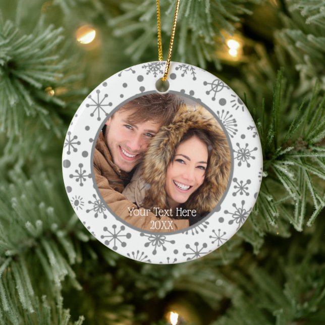 Silver Snowflakes 2 Photos Personalised Ceramic Ornament (Tree)