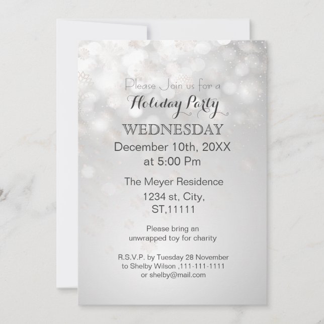 silver snowflakes and bokeh holiday party Invites (Front)