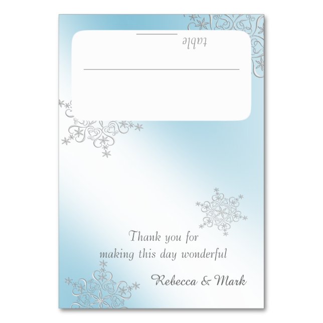 Silver Snowflakes and Ice Blue Seating Card (Front)