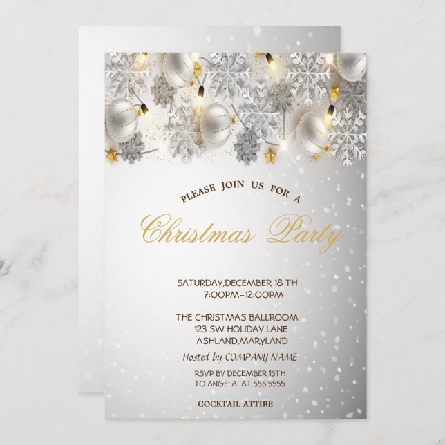 Silver Snowflakes,Balls Company Christmas Party Invitation (Front/Back)