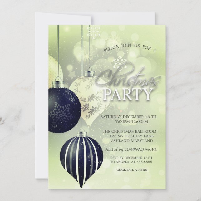 Silver Snowflakes,Balls Green Christmas Company Invitation (Front)