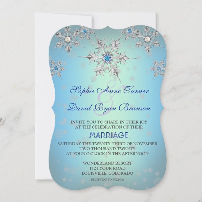 Silver Snowflakes Crystal Blue Pearl Wedding Invitation (Front)