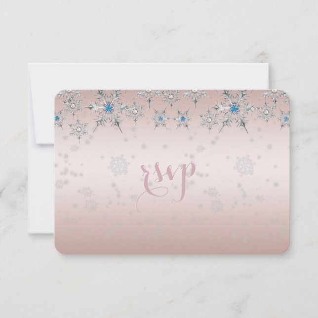 Silver Snowflakes Crystal Pearl Pink Wedding RSVP Card (Front)