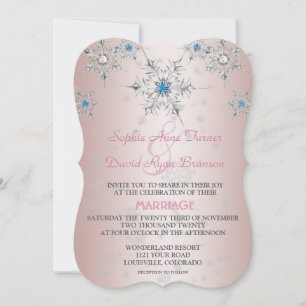 Silver Snowflakes Crystals Blue Pearl Pink Wedding Invitation