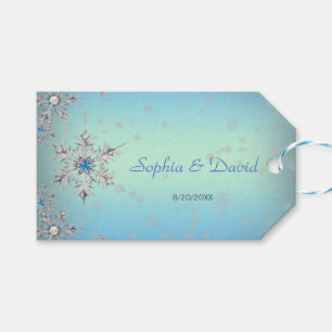 Silver Snowflakes Crystals Blue Pearls Wedding Gift Tags