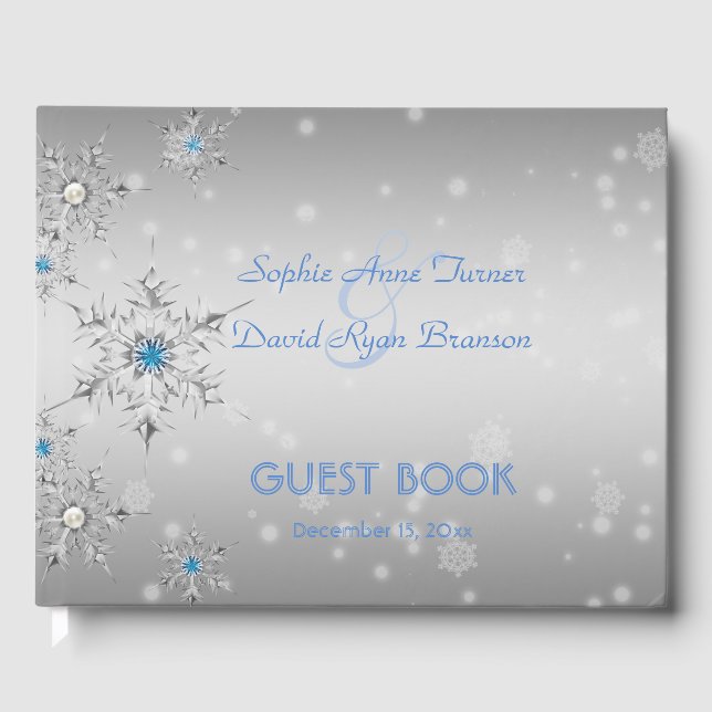 Silver Snowflakes Crystals Blue Pearls Wedding Guest Book (Front)