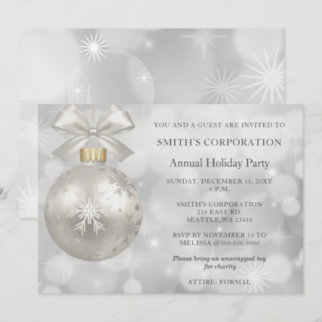 Silver Snowflakes Elegant Corporate Holiday Party Invitation (Front/Back)