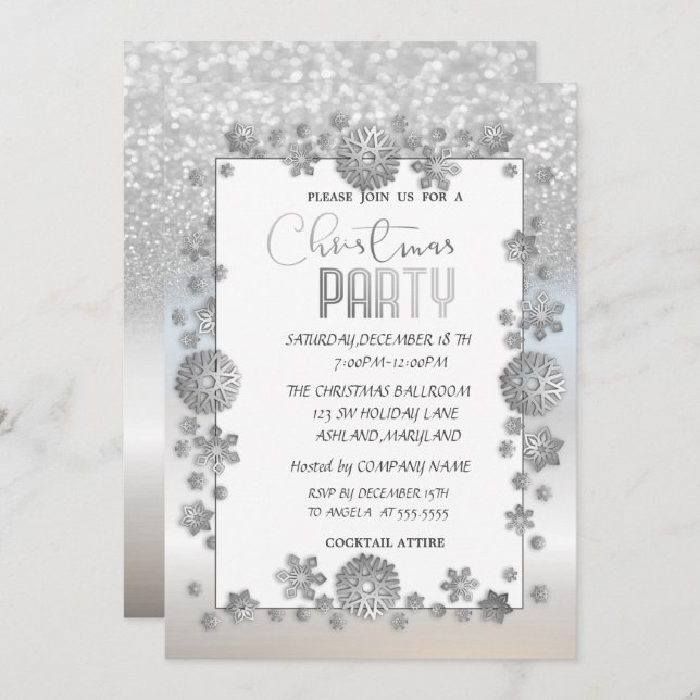 Silver Snowflakes Glitter  Company Christmas Party Invitation (Front/Back)
