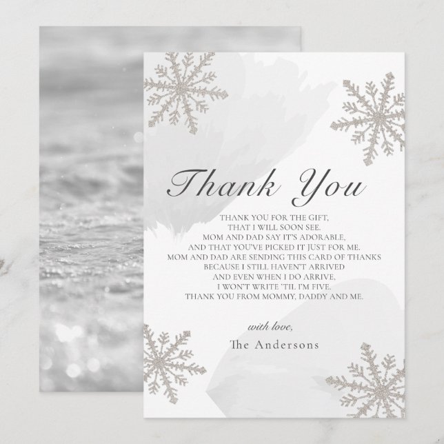 Silver Snowflakes Grey Baby Shower Thank You Card (Front/Back)