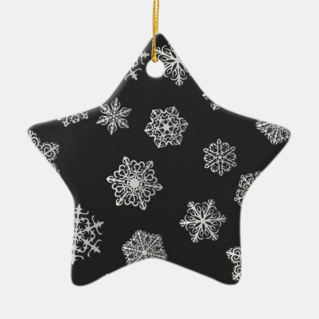 Silver snowflakes on a black background ceramic tree decoration (Front)