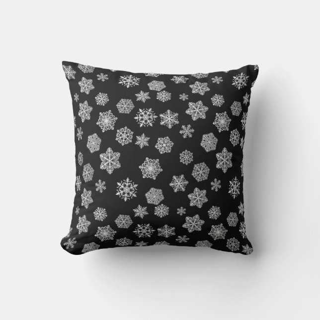 Silver snowflakes on a black background cushion (Front)