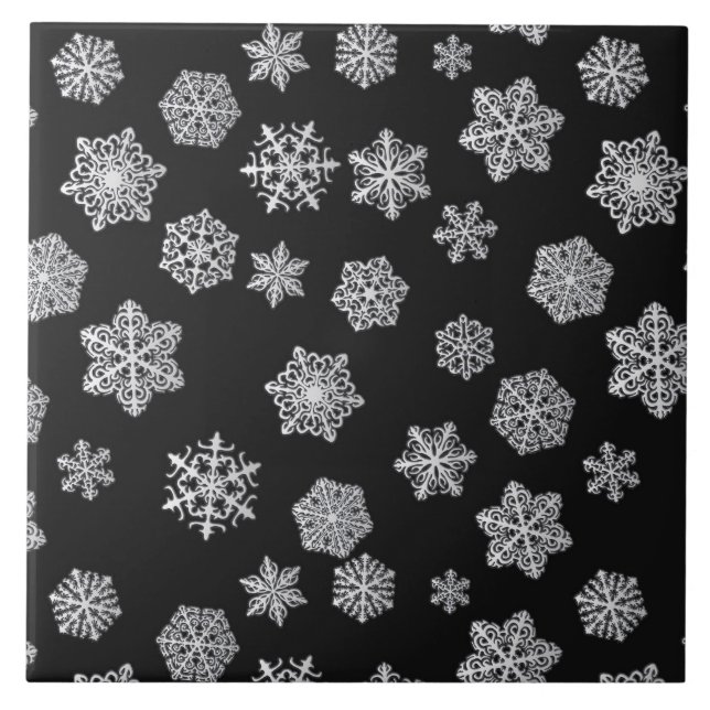 Silver snowflakes on a black background tile (Front)