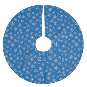 Silver snowflakes on a cobalt blue background brushed polyester tree skirt