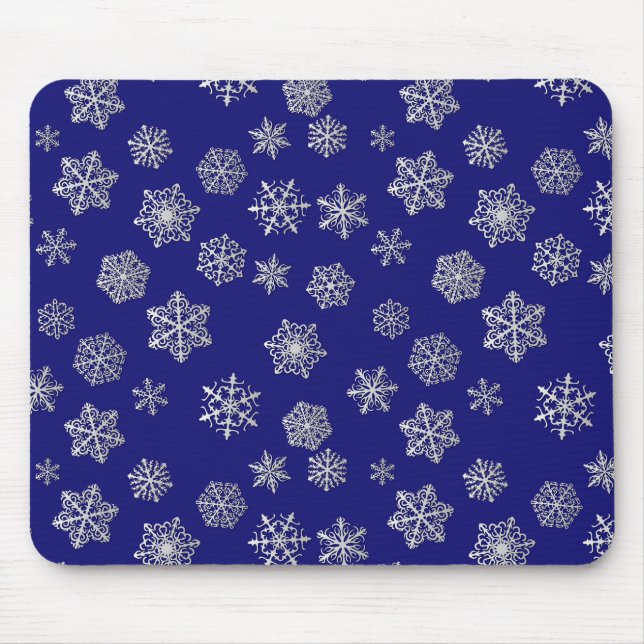 Silver snowflakes on a dark blue background mouse pad (Front)