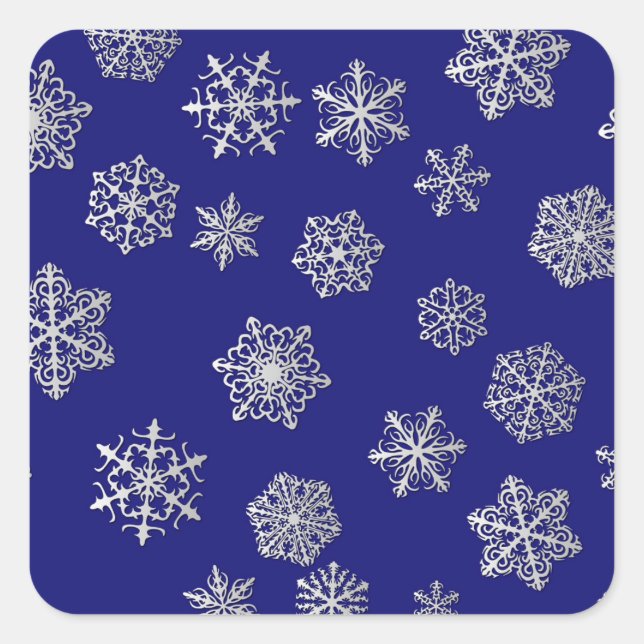 Silver snowflakes on a dark blue background square sticker (Front)