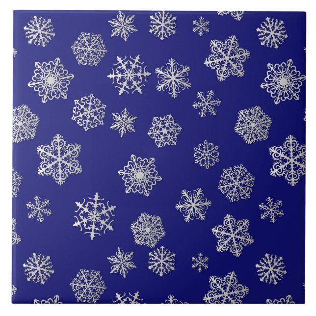 Silver snowflakes on a dark blue background tile (Front)