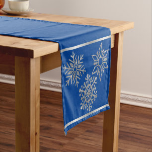 Silver Snowflakes on Blue Holiday Short Table Runner