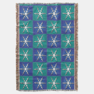Silver Snowflakes on Blue Squares Throw Blanket