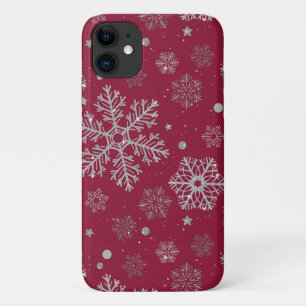 Silver snowflakes on dark red iPhone 11 case