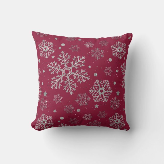Silver snowflakes on dark red cushion (Front)
