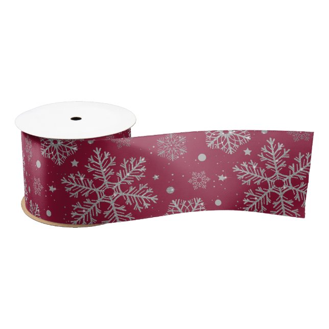 Silver snowflakes on dark red satin ribbon (Spool)