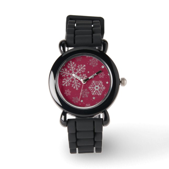 Silver snowflakes on dark red watch (Front)