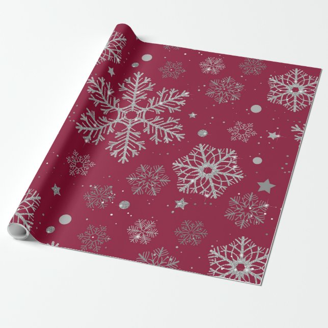 Silver snowflakes on dark red wrapping paper (Unrolled)