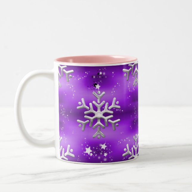Silver Snowflakes on Purple Christmas Two-Tone Coffee Mug (Left)