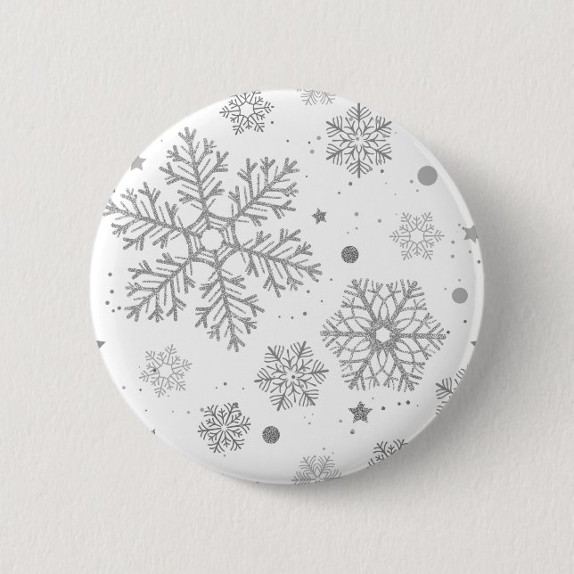 Silver snowflakes on white 6 cm round badge (Front)