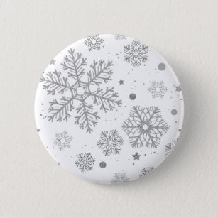 Silver snowflakes on white 6 cm round badge