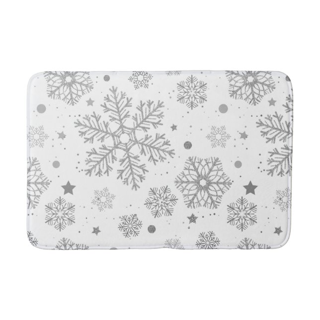 Silver snowflakes on white bath mat (Front)