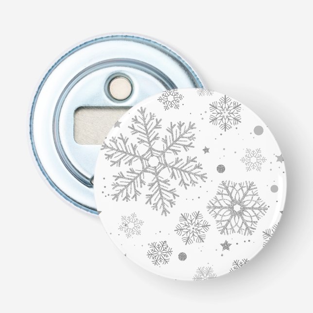 Silver snowflakes on white bottle opener (Front)