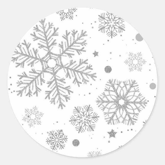 Silver snowflakes on white classic round sticker (Front)