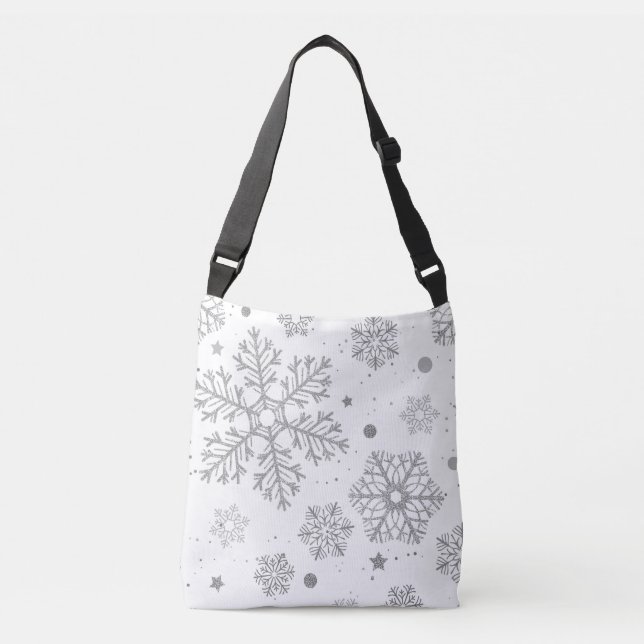 Silver snowflakes on white crossbody bag (Front)