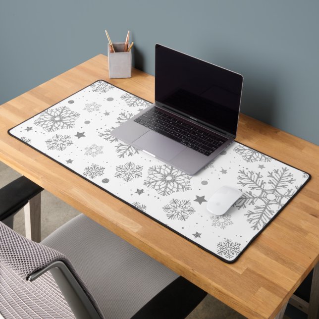 Silver snowflakes on white desk mat (Office 2)