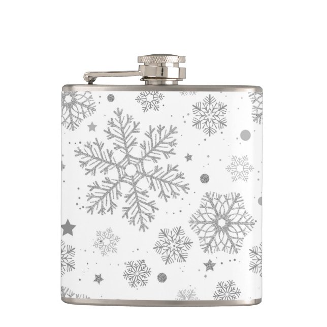 Silver snowflakes on white hip flask (Front)