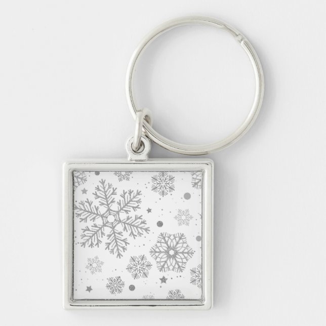 Silver snowflakes on white key ring (Front)
