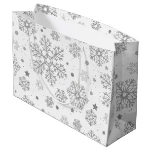 Silver snowflakes on white large gift bag