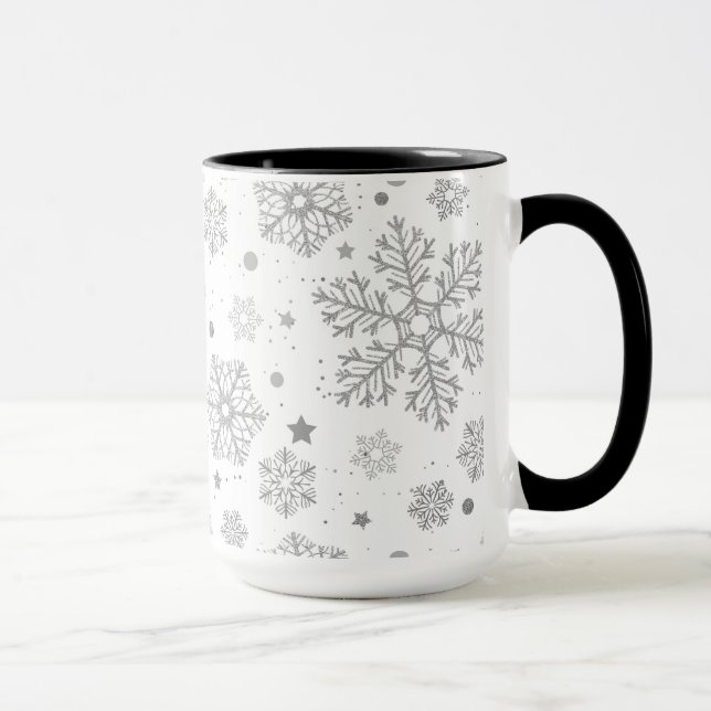 Silver snowflakes on white mug (Right)