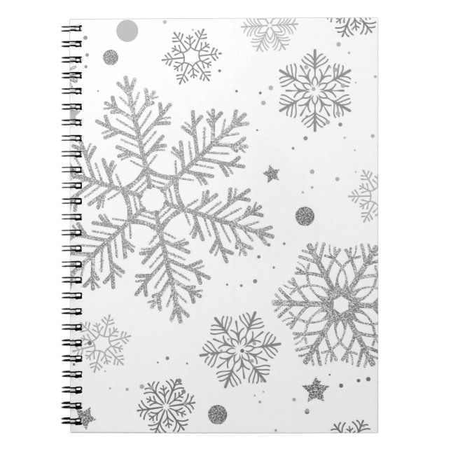Silver snowflakes on white notebook (Front)