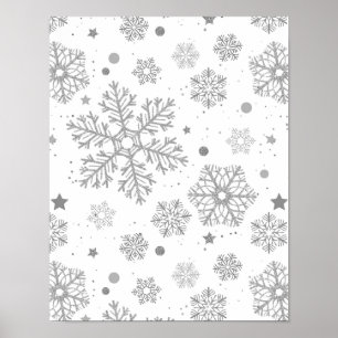 Silver snowflakes on white poster