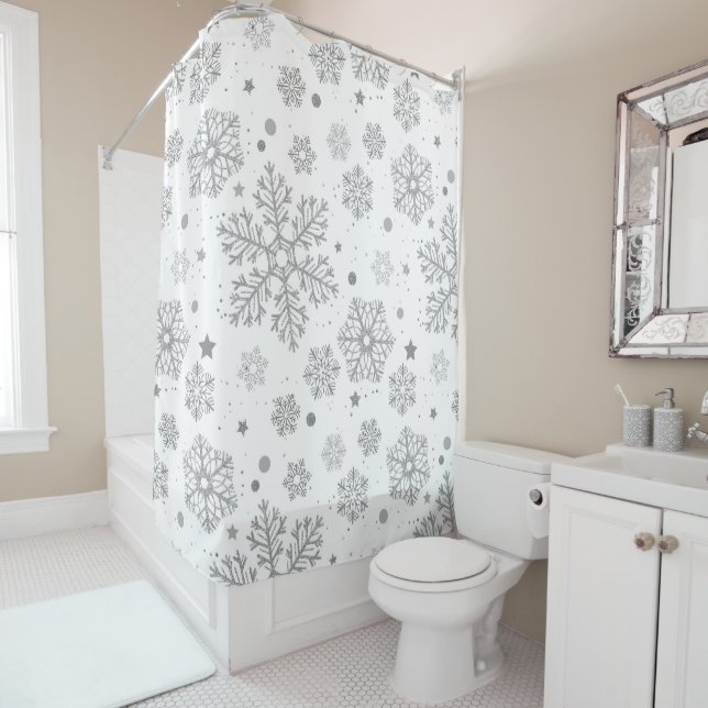 Silver snowflakes on white shower curtain (In Situ)