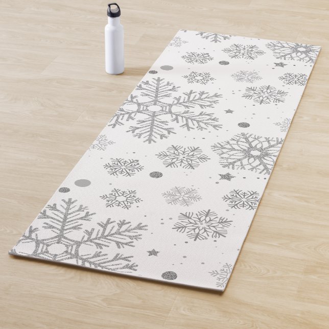 Silver snowflakes on white yoga mat (In Situ)
