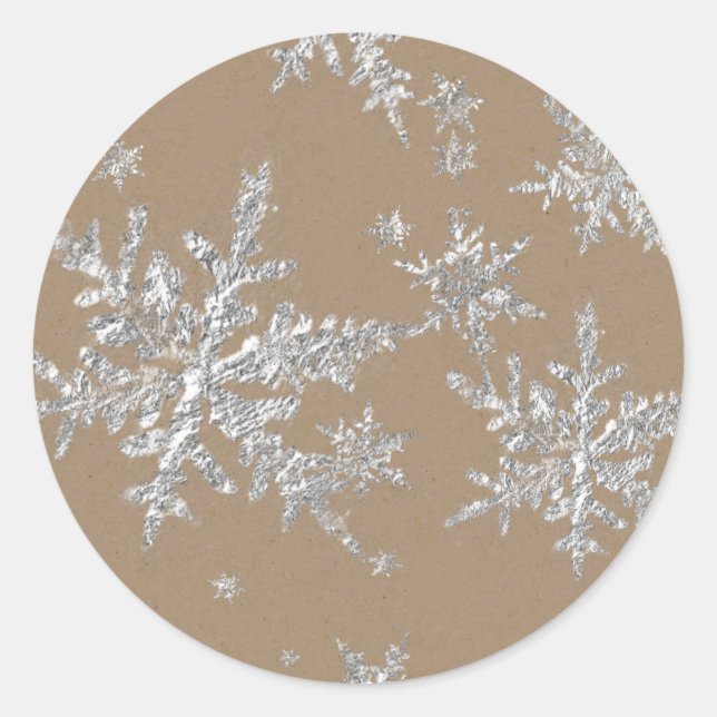 Silver Snowflakes Rustic Kraft Brown Classic Round Sticker (Front)