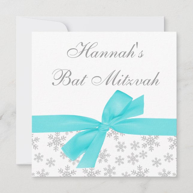 Silver Snowflakes Teal Bow Bat Mitzvah Invitation (Front)